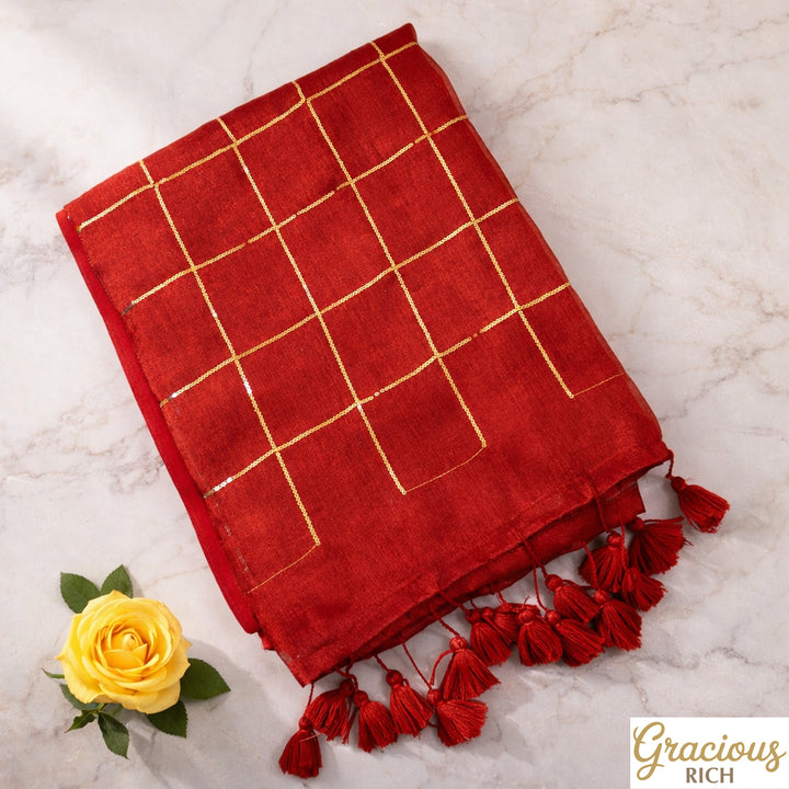Red Color Khadi Tissue Sequence Saree