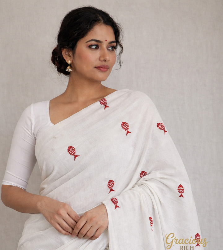 White Color Kadhi Fish Embroidery Saree with running blouse