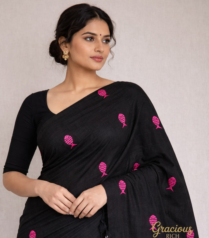 Black Color Kadhi Fish Embroidery Saree with running blouse