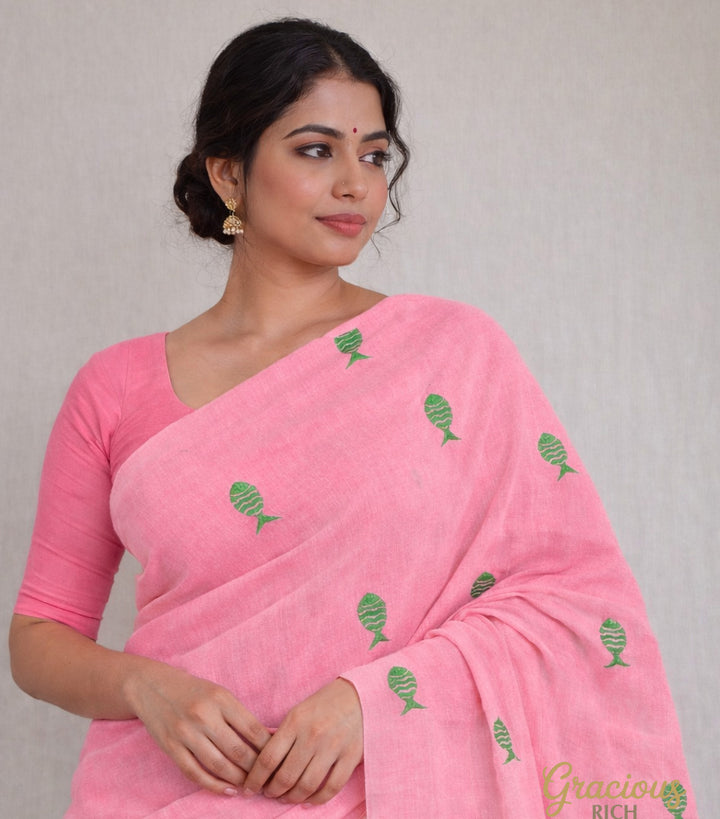 Pink Color Kadhi Fish Embroidery Saree with running blouse