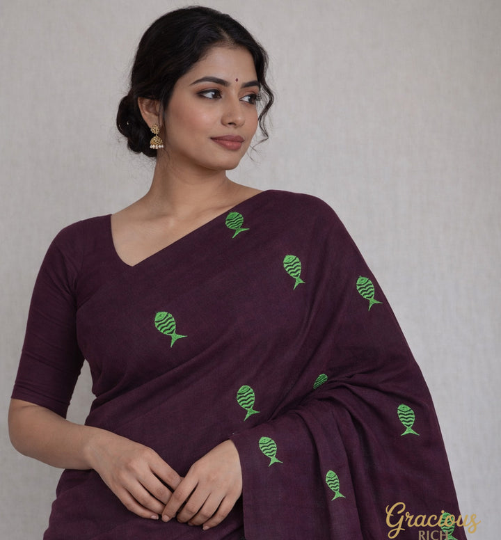 Wine Color Kadhi Fish Embroidery Saree with running blouse