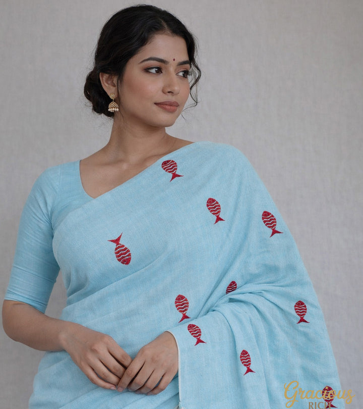 Sky Blue Color Kadhi Fish Embroidery Saree