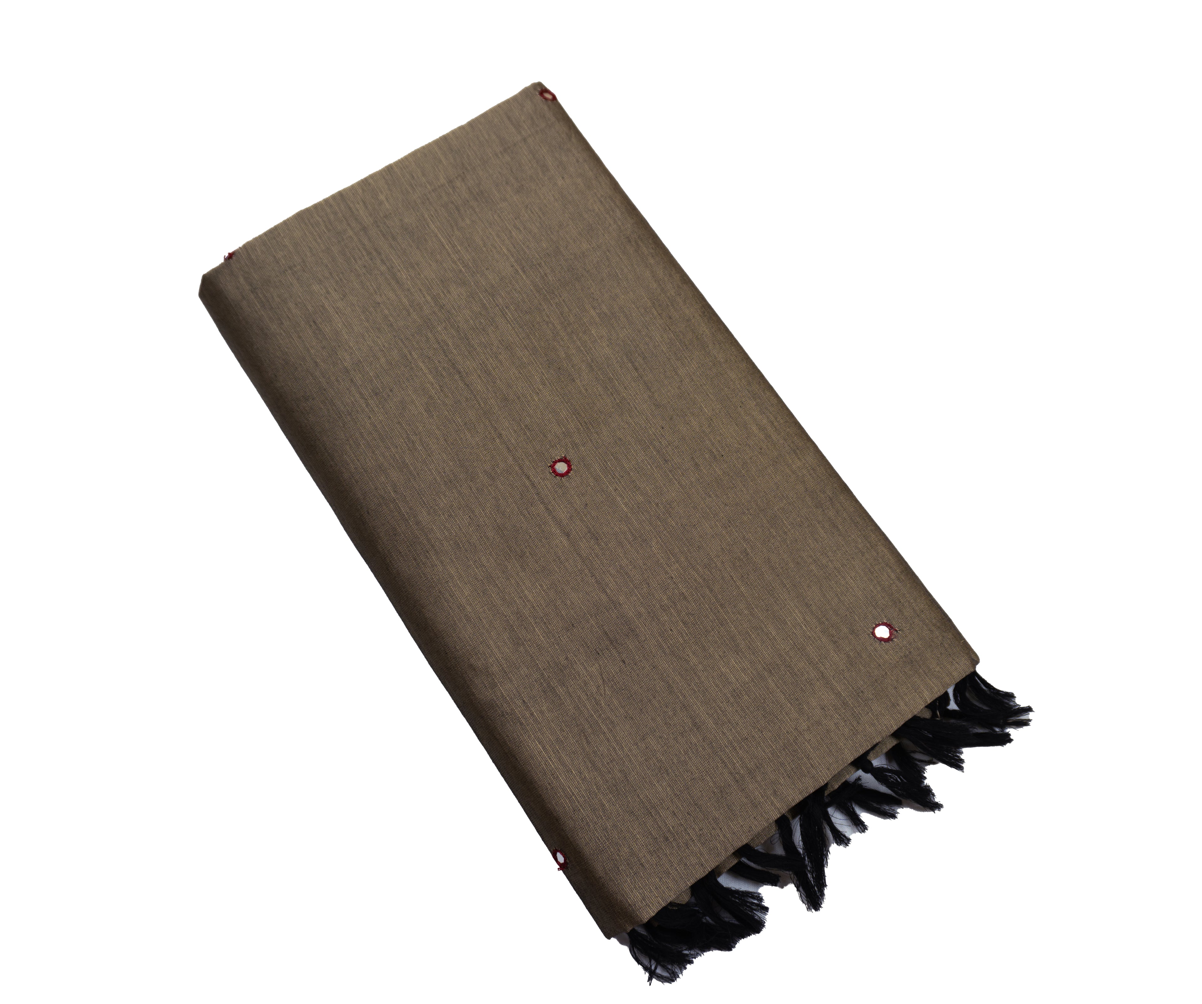 Olive Gray Semi Plain Glasswork Cotton Saree with contrast Blouse