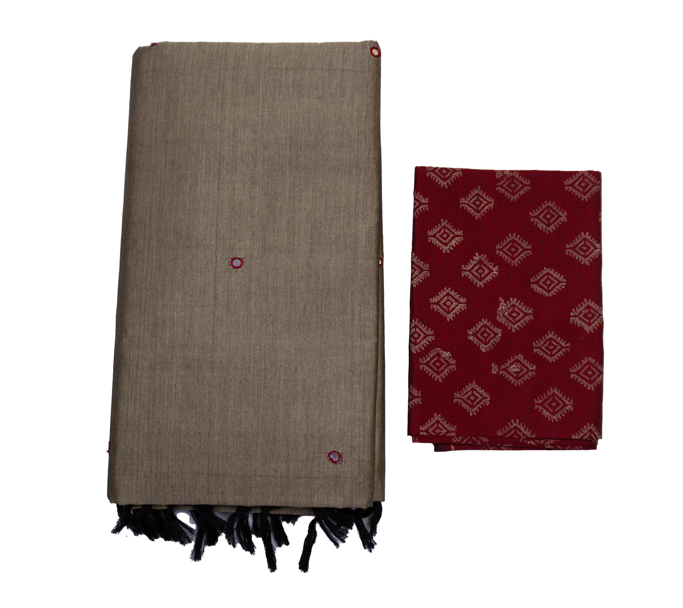 Olive Gray Semi Plain Glasswork Cotton Saree with contrast Blouse
