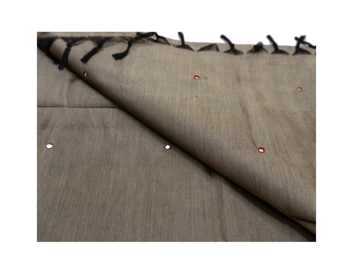 Olive Gray Semi Plain Glasswork Cotton Saree with contrast Blouse