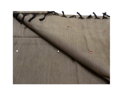 Olive Gray Semi Plain Glasswork Cotton Saree with contrast Blouse