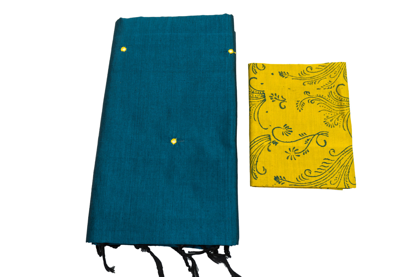 Peacock Green Color Semi Plain Glass work Cotton Saree with Contrast Blouse