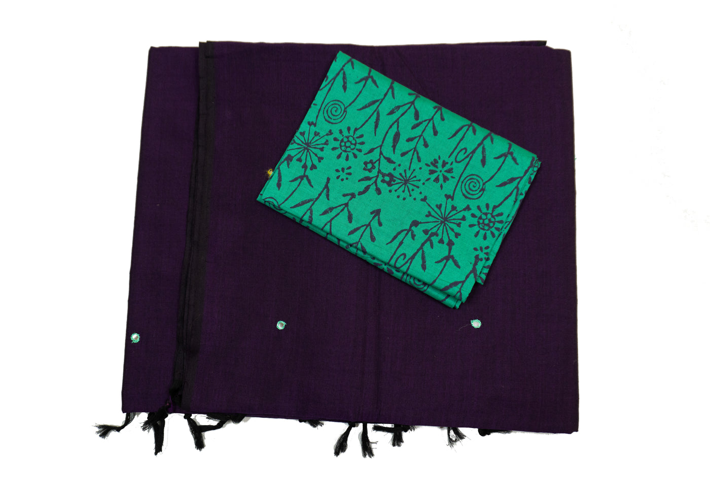 Deep Purple Color Semi Plain Glasswork Cotton Saree with Contrast Blouse