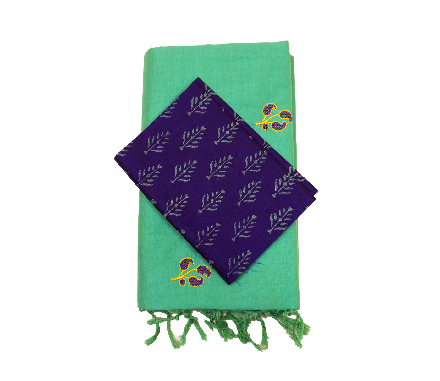Green Colour Cotton Embroidery Saree with contrast blouse