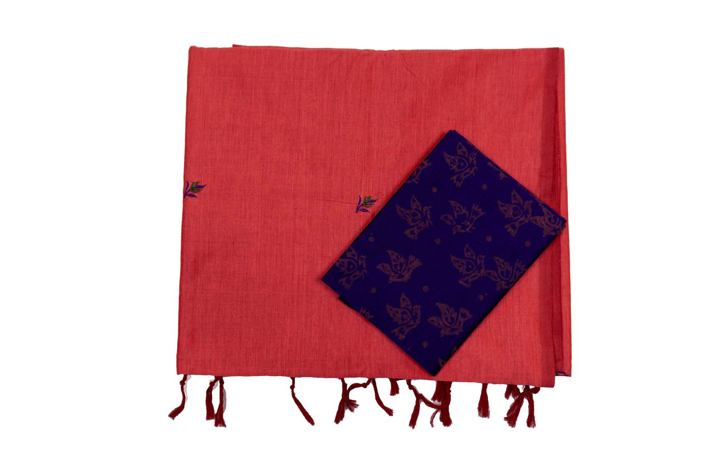 Strawberry Colour Cotton Embroidery Saree with contrast blouse