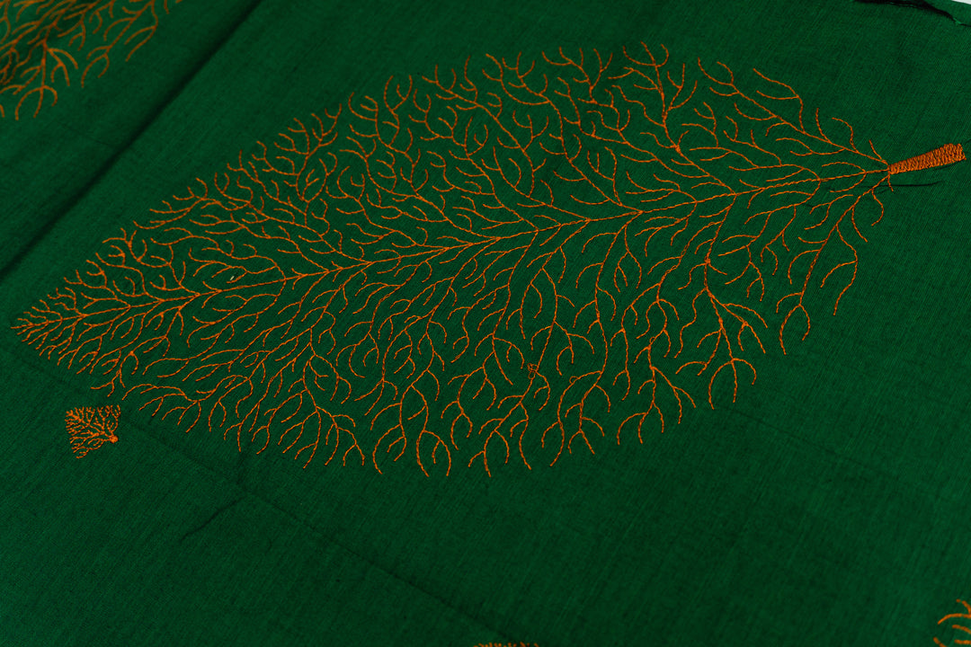 Lotus Green Colour Cotton Embroidery Saree with contrast blouse