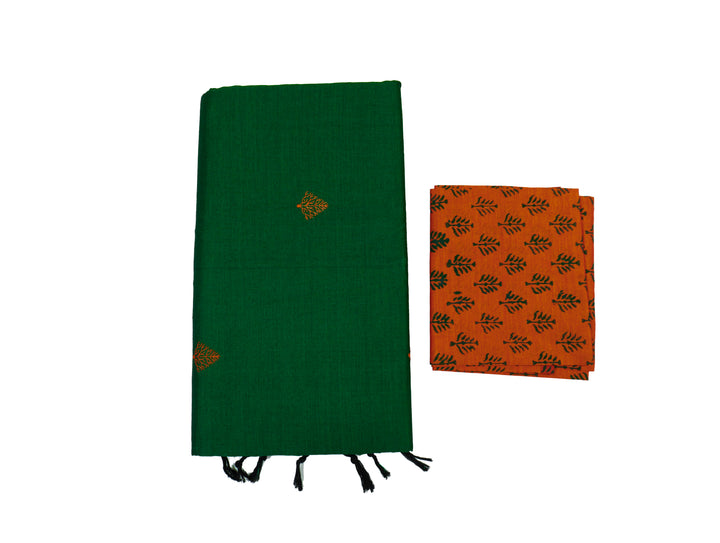 Lotus Green Colour Cotton Embroidery Saree with contrast blouse
