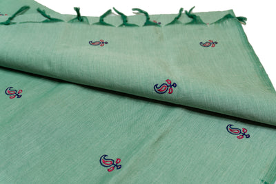 Aqua Pearl Colour Cotton Embroidery Saree with contrast blouse