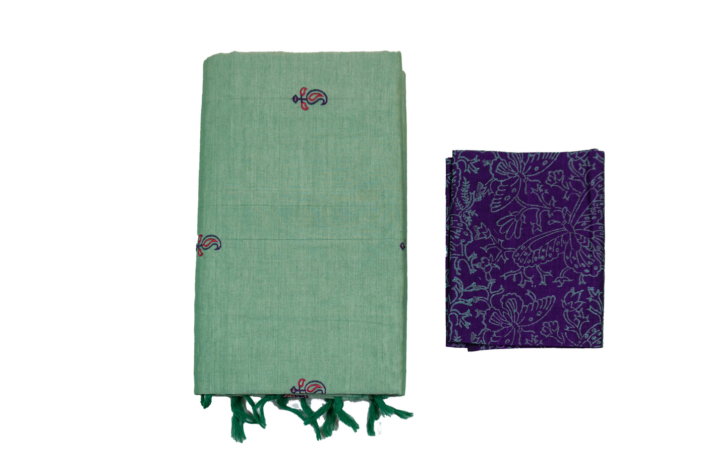 Aqua Pearl Colour Cotton Embroidery Saree with contrast blouse