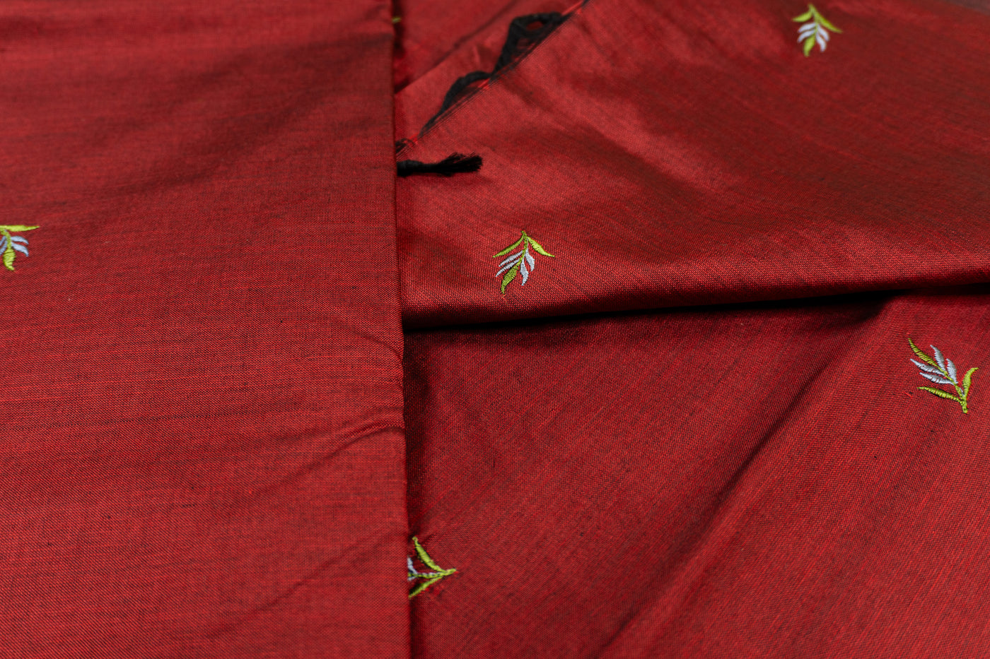 Dark Scarlet Colour Cotton Embroidery Saree with contrast blouse