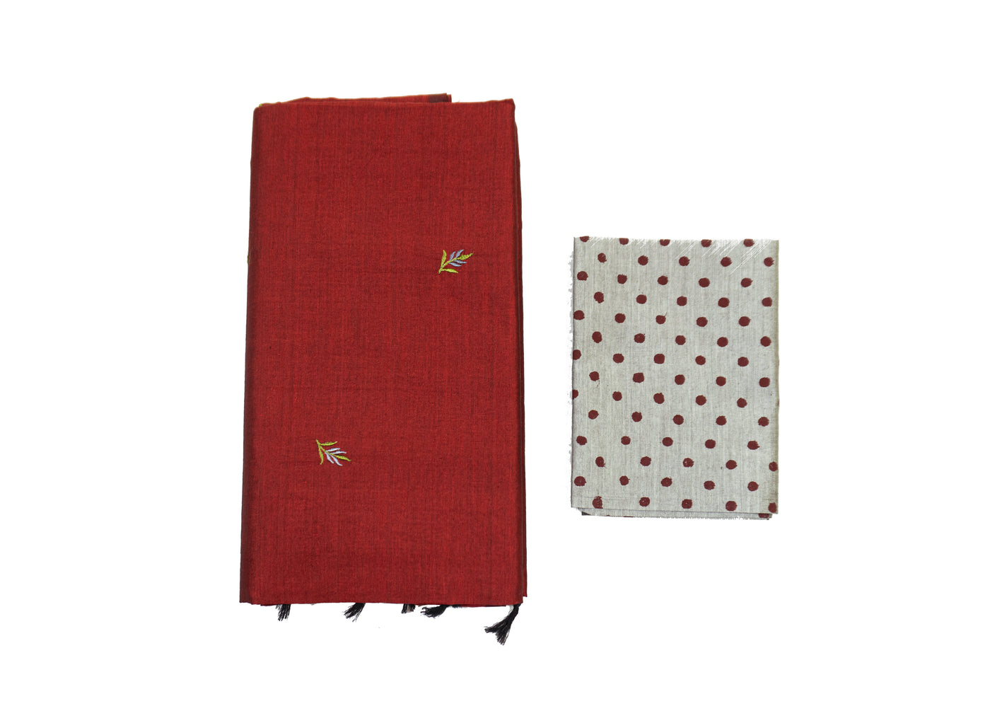 Dark Scarlet Colour Cotton Embroidery Saree with contrast blouse