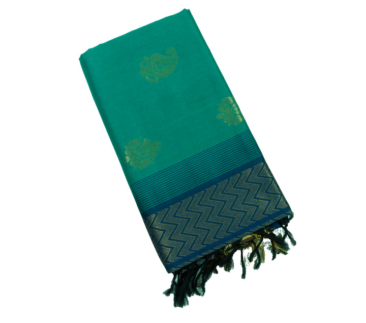 Dark Green Blue Color Semi Silk Cotton Saree with big butta
