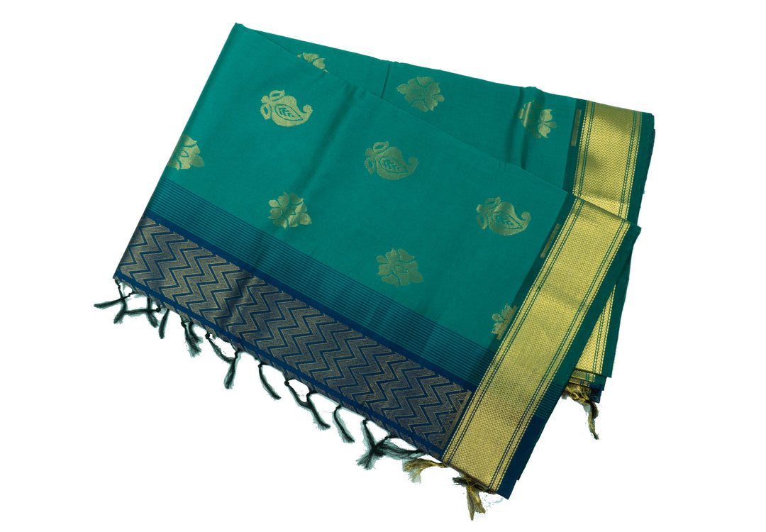Dark Green Blue Color Semi Silk Cotton Saree with big butta
