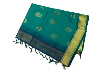 Dark Green Blue Color Semi Silk Cotton Saree with big butta