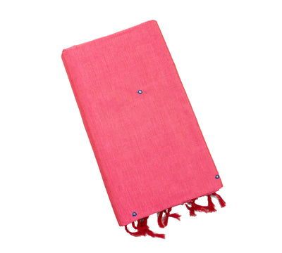 Pastel Red Color Plain Glasswork Cotton Saree with Contrast Blouse