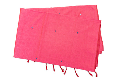 Pastel Red Color Plain Glasswork Cotton Saree with Contrast Blouse