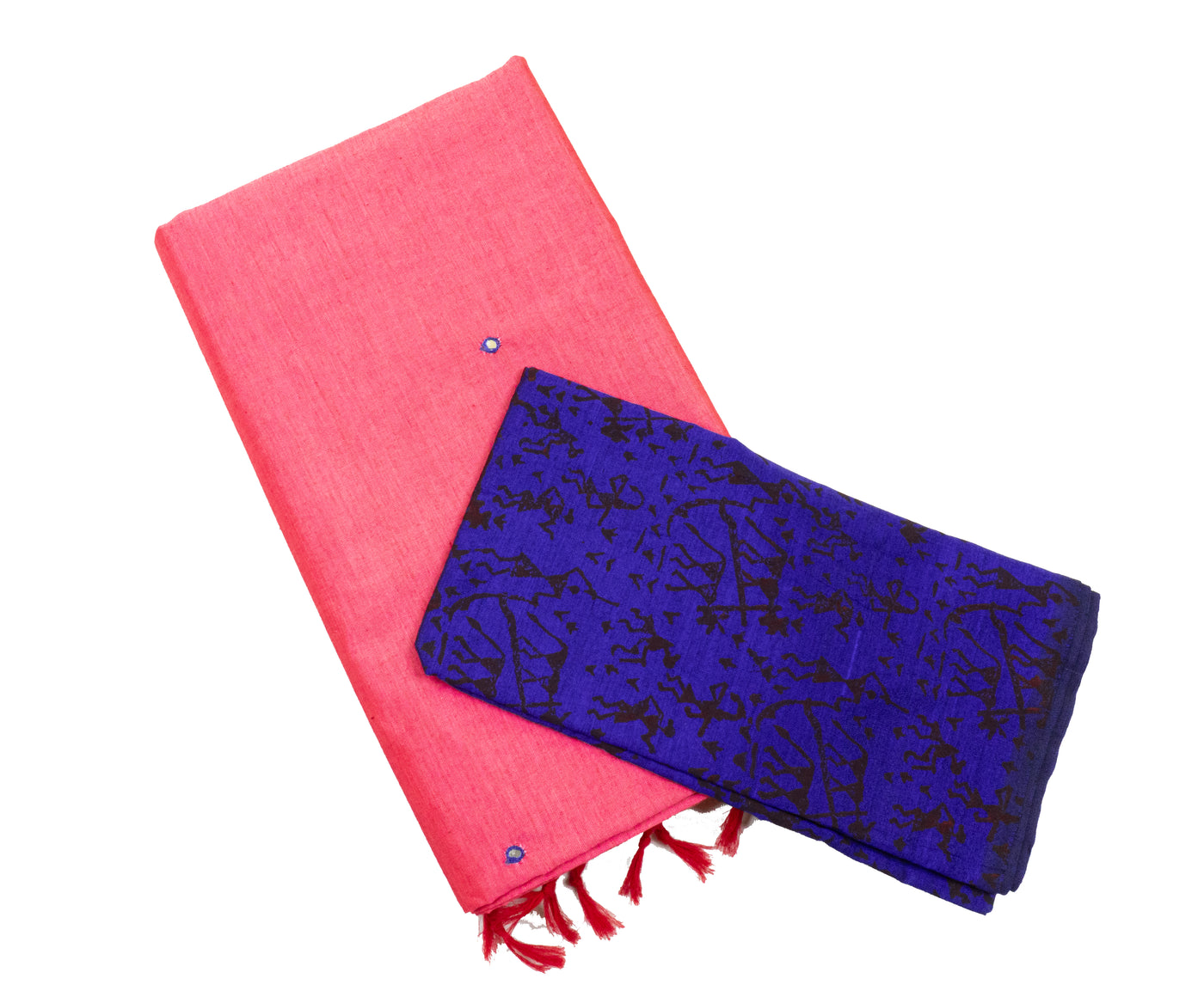 Pastel Red Color Plain Glasswork Cotton Saree with Contrast Blouse