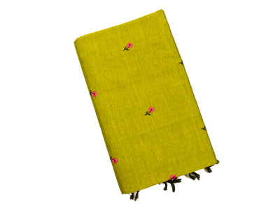 Olive Colour Cotton Embroidery Saree with contrast blouse