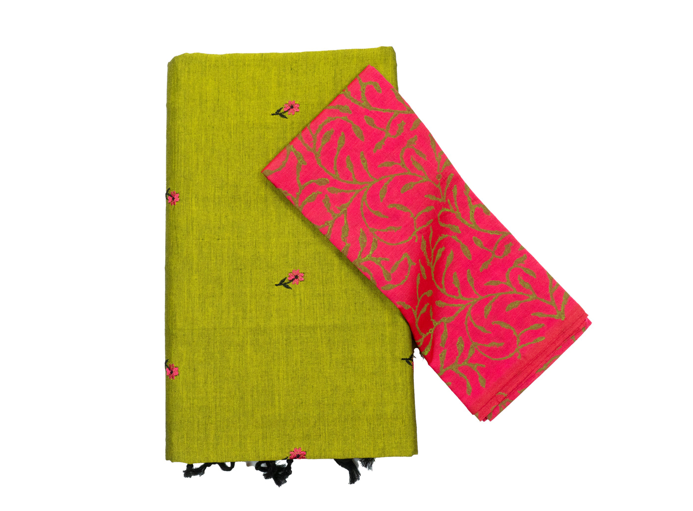 Olive Colour Cotton Embroidery Saree with contrast blouse