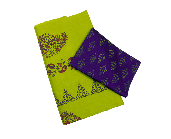 Avocado Green Color Printed Cotton Saree with contrast blouse