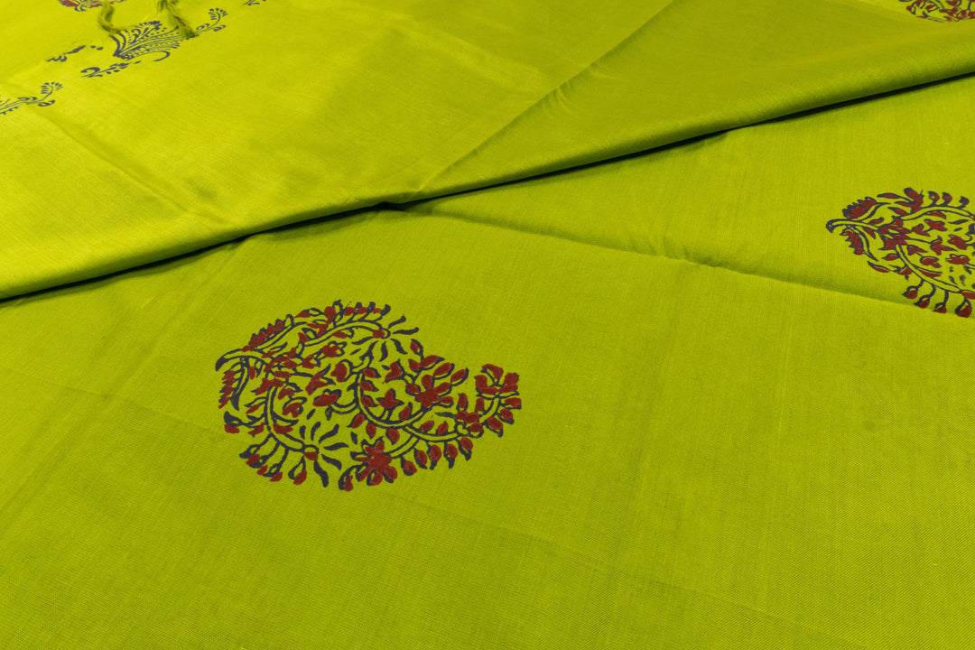 Avocado Green Color Printed Cotton Saree with contrast blouse