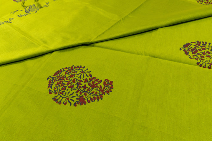 Avocado Green Color Printed Cotton Saree with contrast blouse