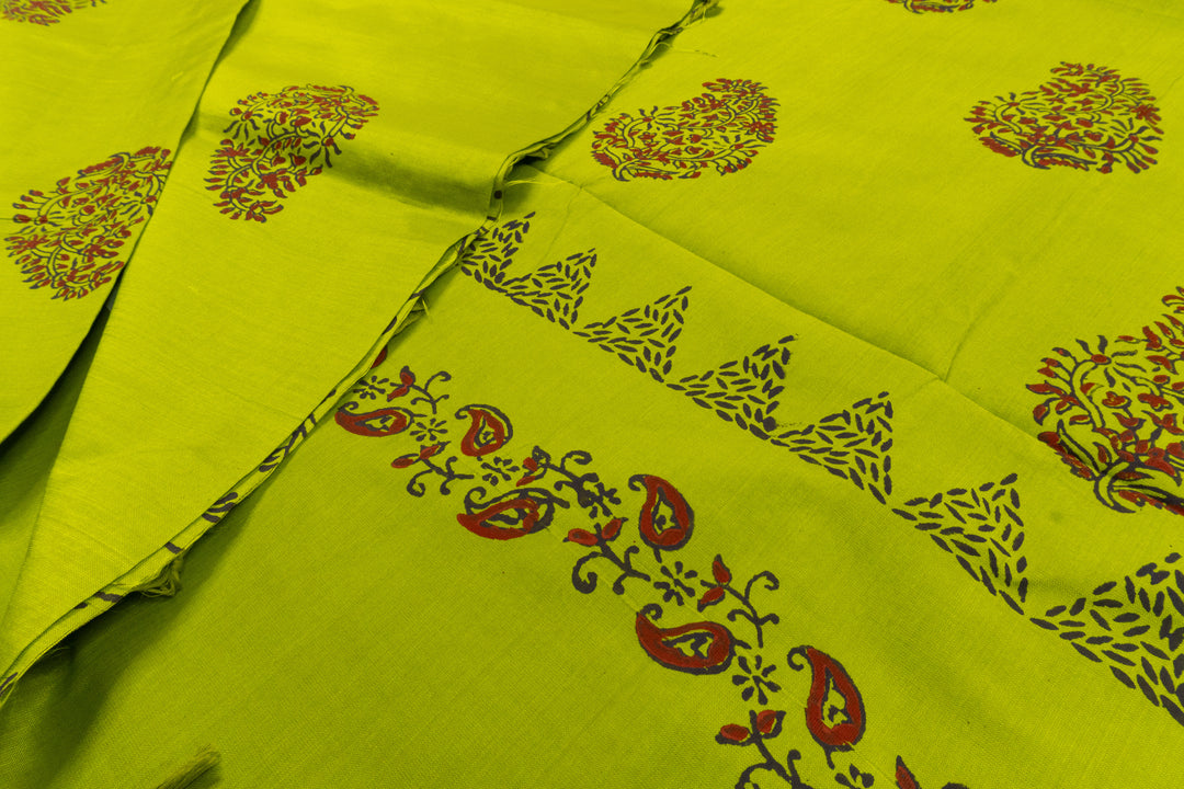 Avocado Green Color Printed Cotton Saree with contrast blouse