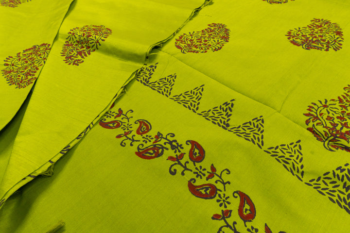 Avocado Green Color Printed Cotton Saree with contrast blouse