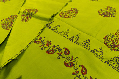 Avocado Green Color Printed Cotton Saree with contrast blouse