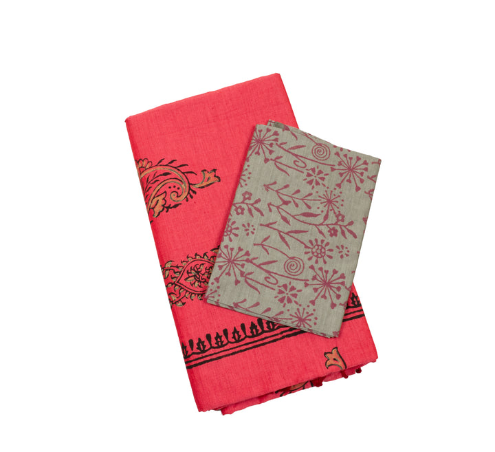 Strawberry Red Color Printed Cotton Saree with contrast blouse