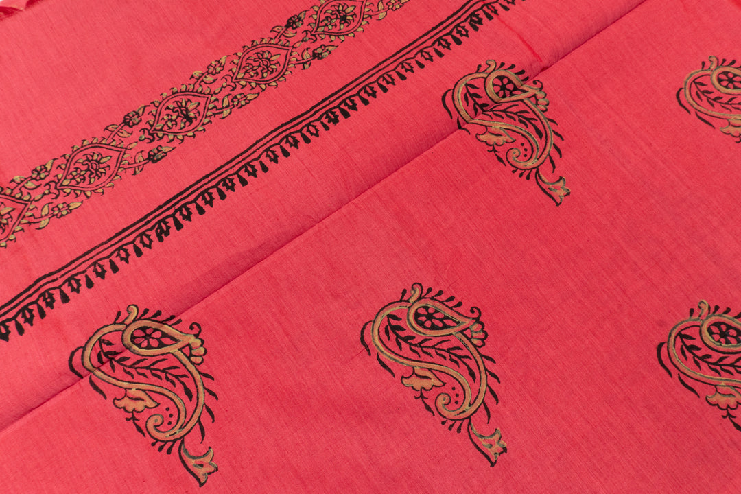 Strawberry Red Color Printed Cotton Saree with contrast blouse