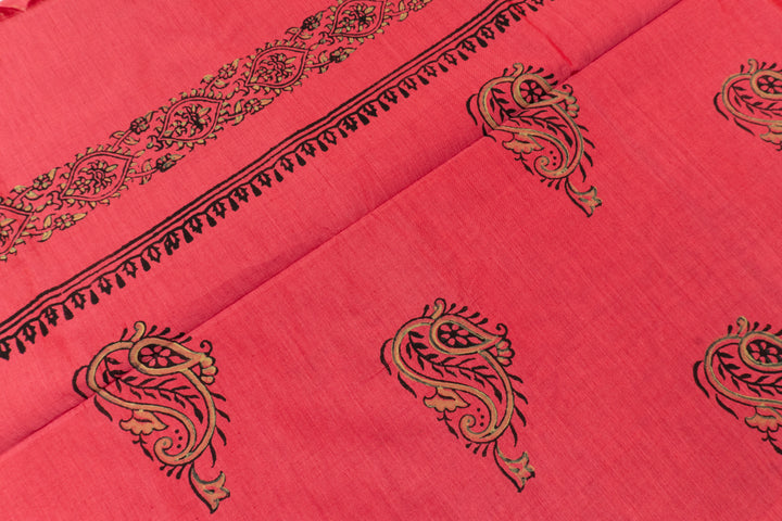 Strawberry Red Color Printed Cotton Saree with contrast blouse