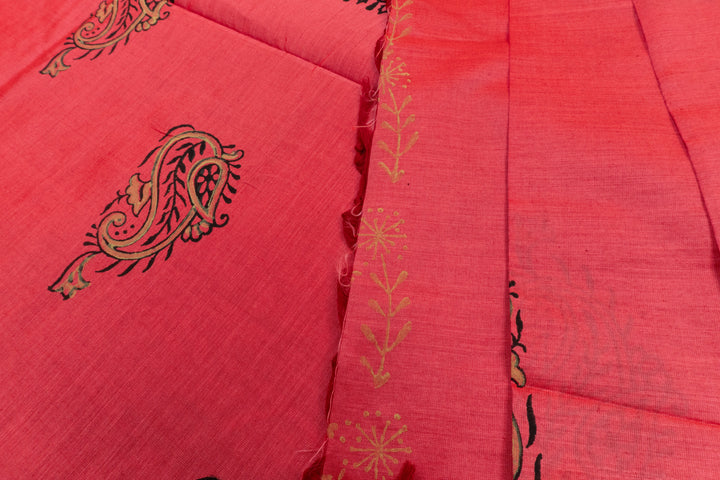 Strawberry Red Color Printed Cotton Saree with contrast blouse