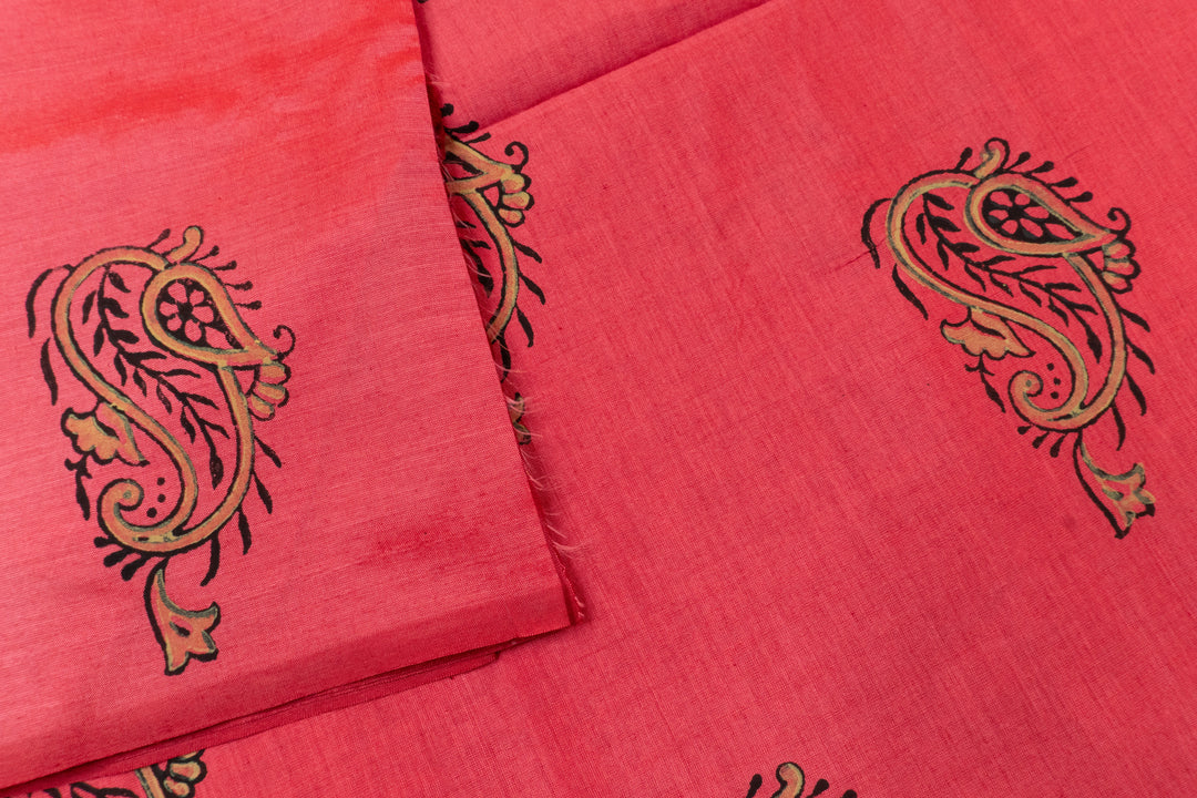 Strawberry Red Color Printed Cotton Saree with contrast blouse