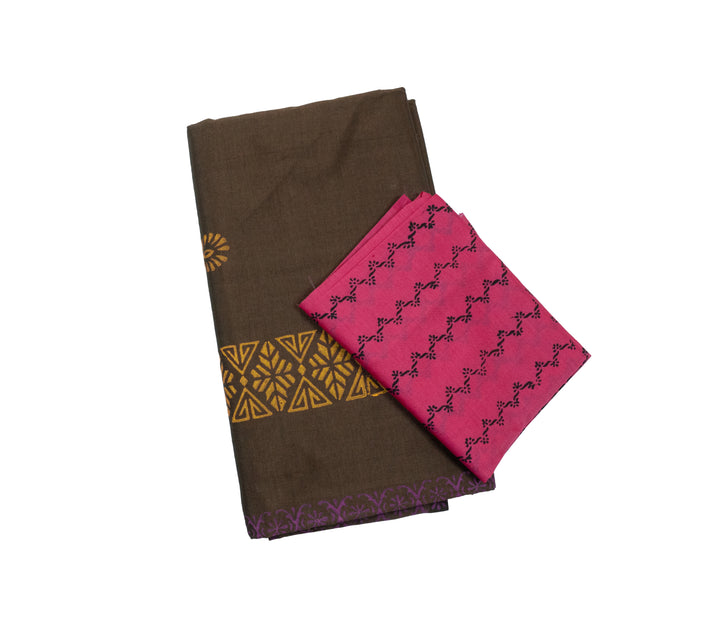 Chocolate Brown Color Printed Cotton Saree with contrast blouse