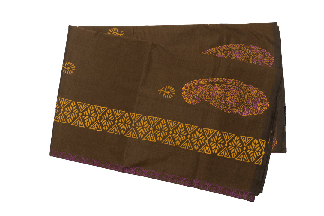 Chocolate Brown Color Printed Cotton Saree with contrast blouse