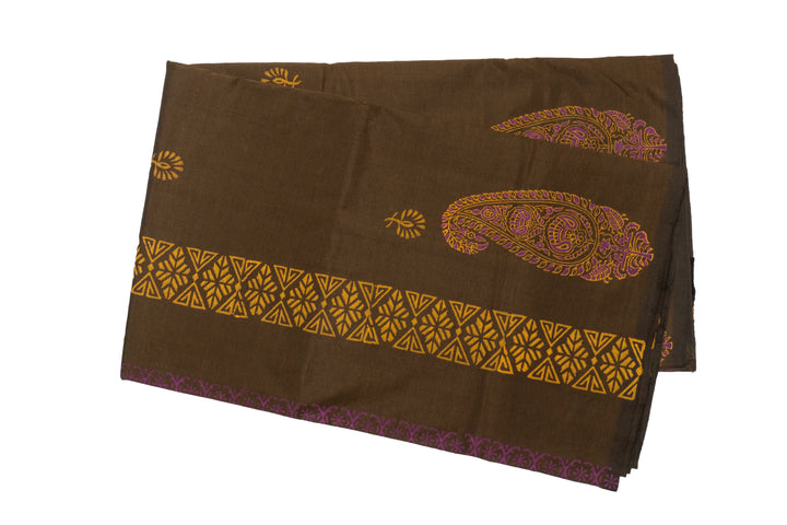 Chocolate Brown Color Printed Cotton Saree with contrast blouse