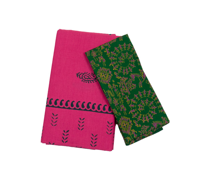 Hot Deep Pink Color Printed Cotton Saree with contrast blouse