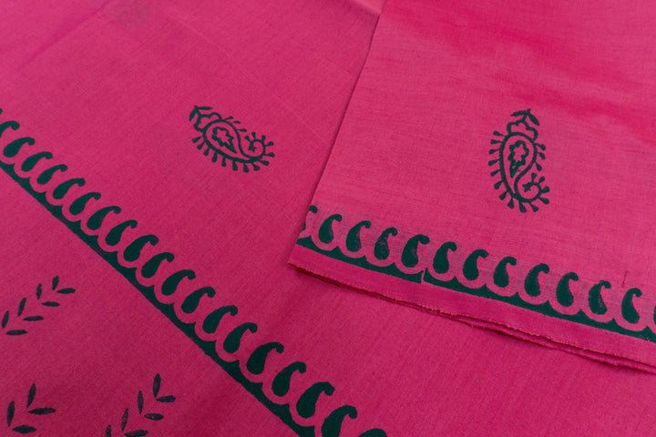 Hot Deep Pink Color Printed Cotton Saree with contrast blouse