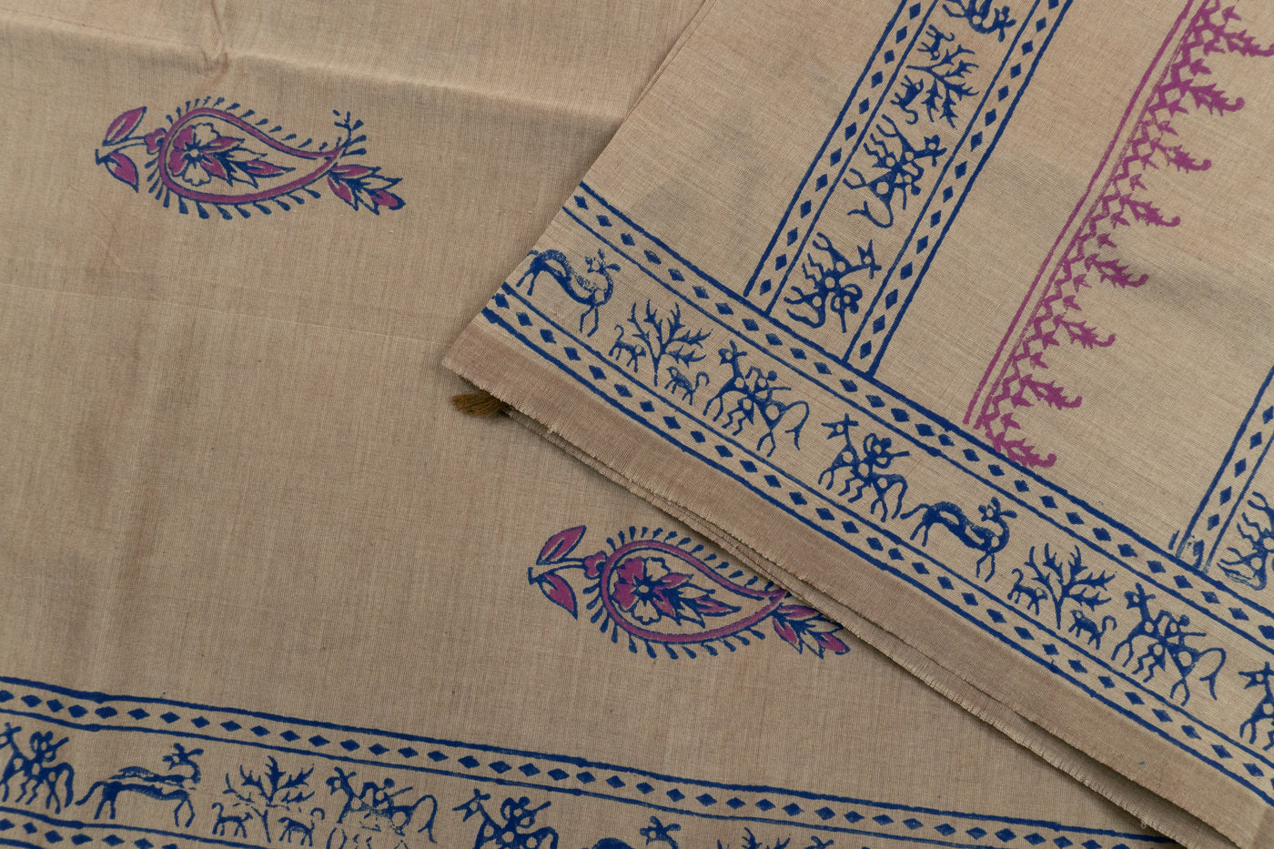Beige Color Printed Cotton Saree with contrast blouse