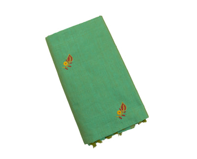 Dark Mint Colour Cotton Embroidery Saree with contrast blouse