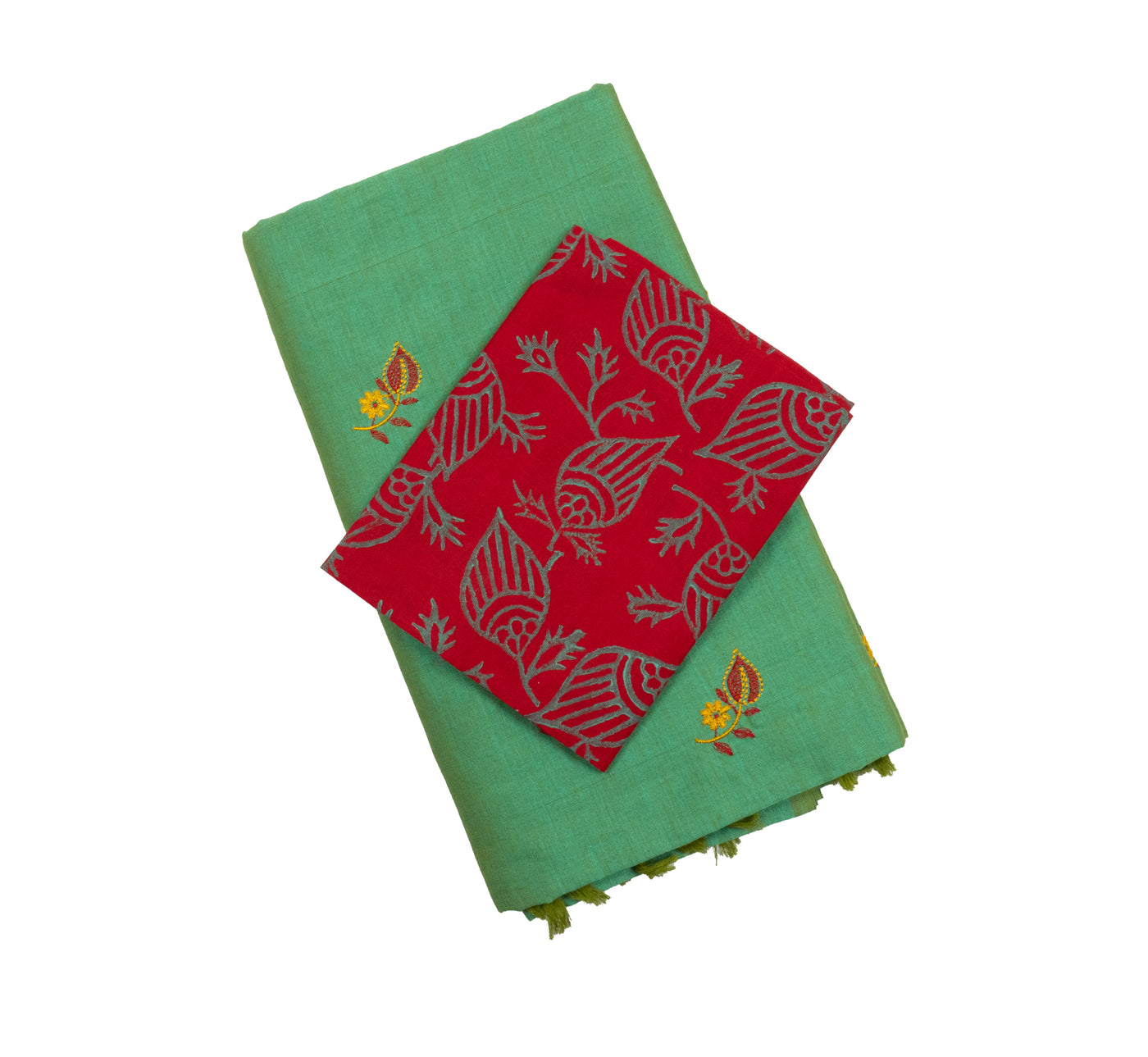 Dark Mint Colour Cotton Embroidery Saree with contrast blouse