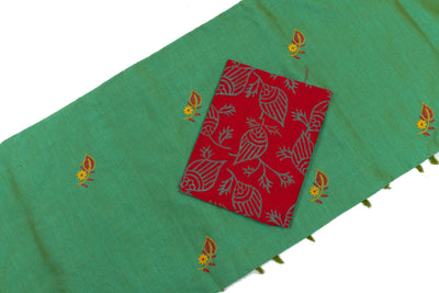 Dark Mint Colour Cotton Embroidery Saree with contrast blouse