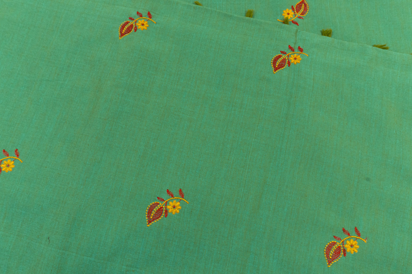 Dark Mint Colour Cotton Embroidery Saree with contrast blouse