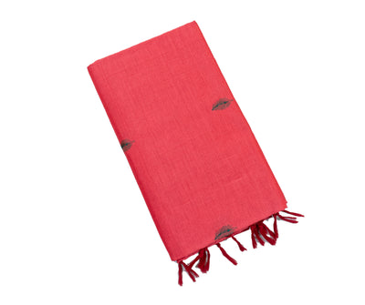 Strawberry Colour Cotton Embroidery Saree with contrast blouse